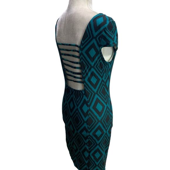 NWT Charlotte Russe Dress L Sexy Teal Black Diamond Pattern Stretch String Back - Picture 1 of 8
